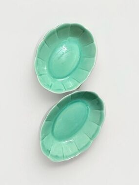 Vintage W.S. George Petalware Green Scalloped Serving Bowls 9” Set of 2 USA